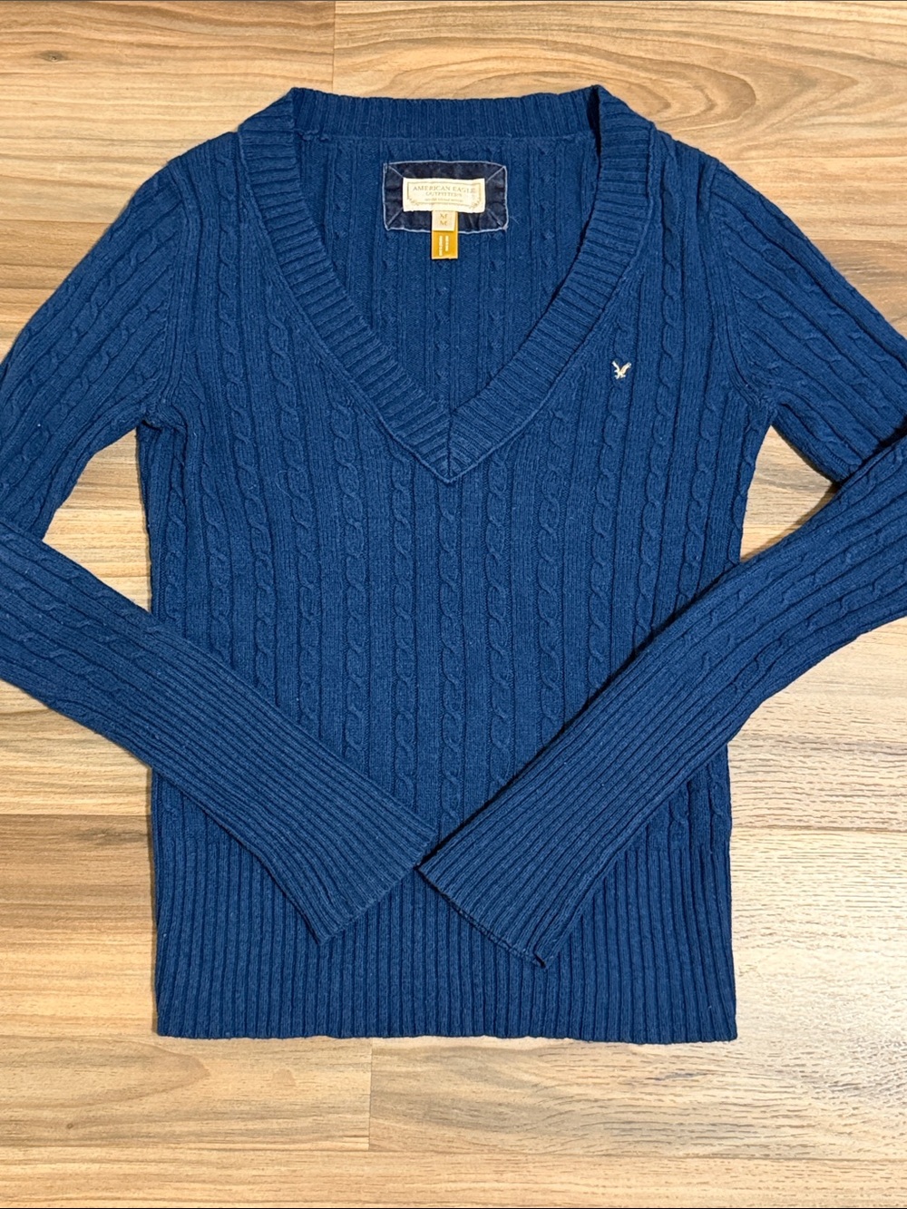 Vtg. Y2K American Eagle Fitted L/S Wool Blend Cable Knit Navy Sweater Women’s M